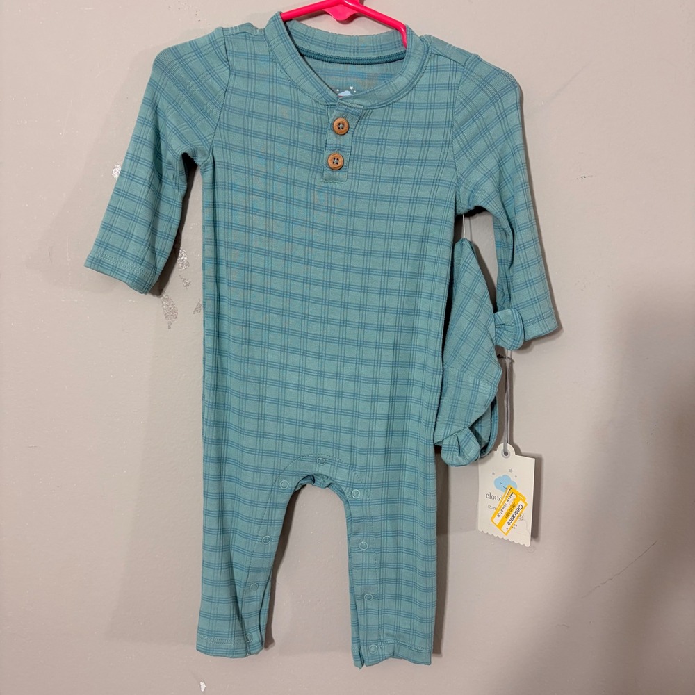 Cloud Island Romper Hat Set 3-6M Teal Plaid NEW Henley Ribbed Knit Long Sleeve